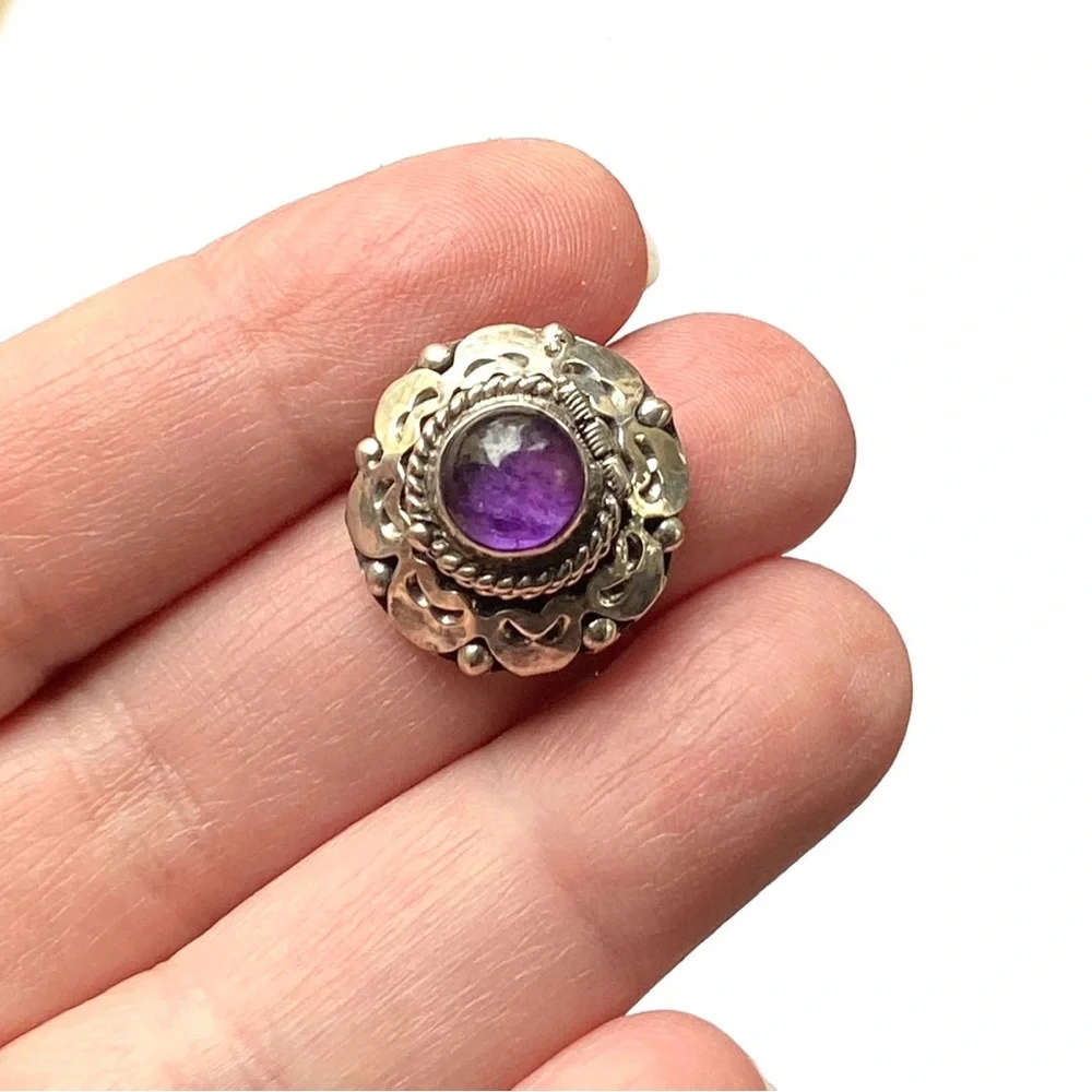 Vintage Taxco Sterling Silver Amethyst Poison Ring Adjustable